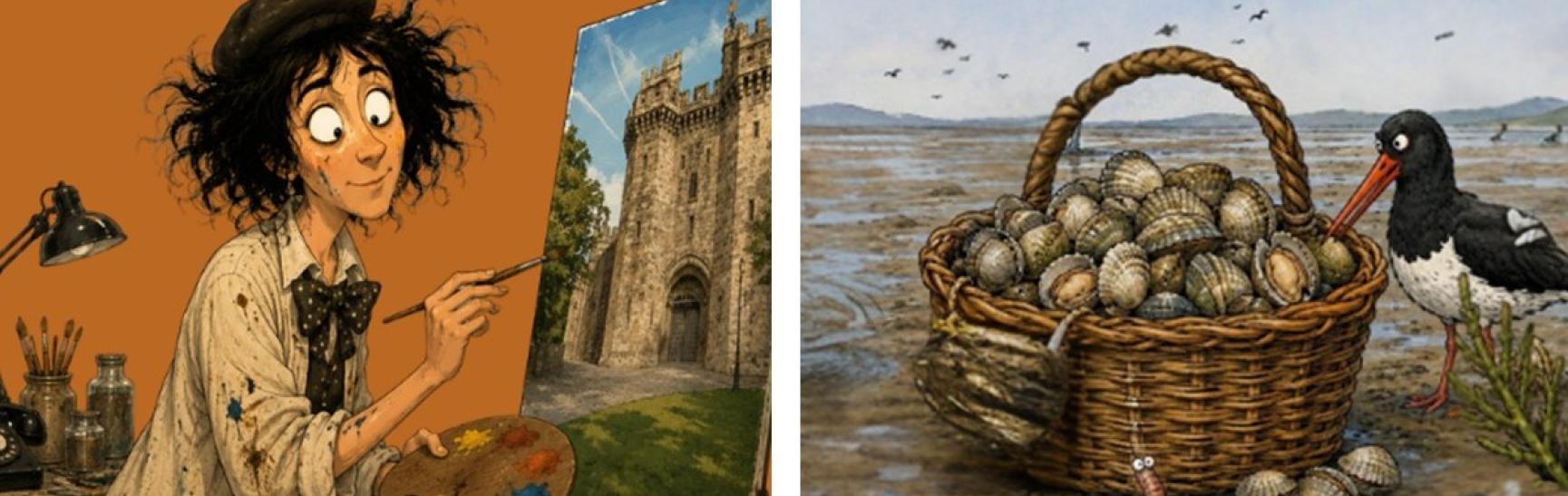 cartoon images of a woman painting at an easel, and an oystercatcher beside a basket of cockles.