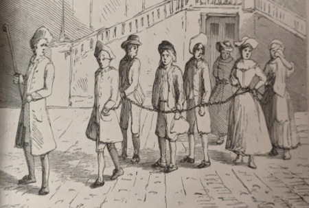drawing of several people in georgian dress shackled together by chains at the wrist. Caption: convicts leaving the old bailey, circa 1780.