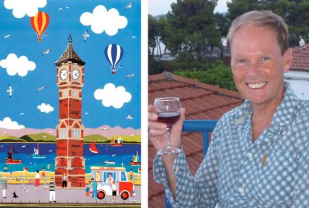 colourful painting of Morecambe clock tower and a photo of the artist, Chas Jacobs.