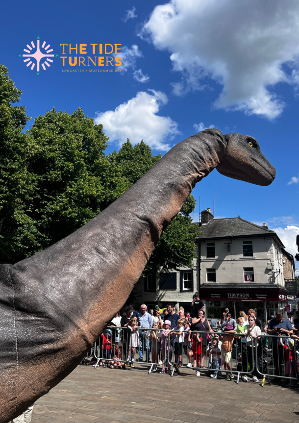 A cartoon girl riding a dinosaur