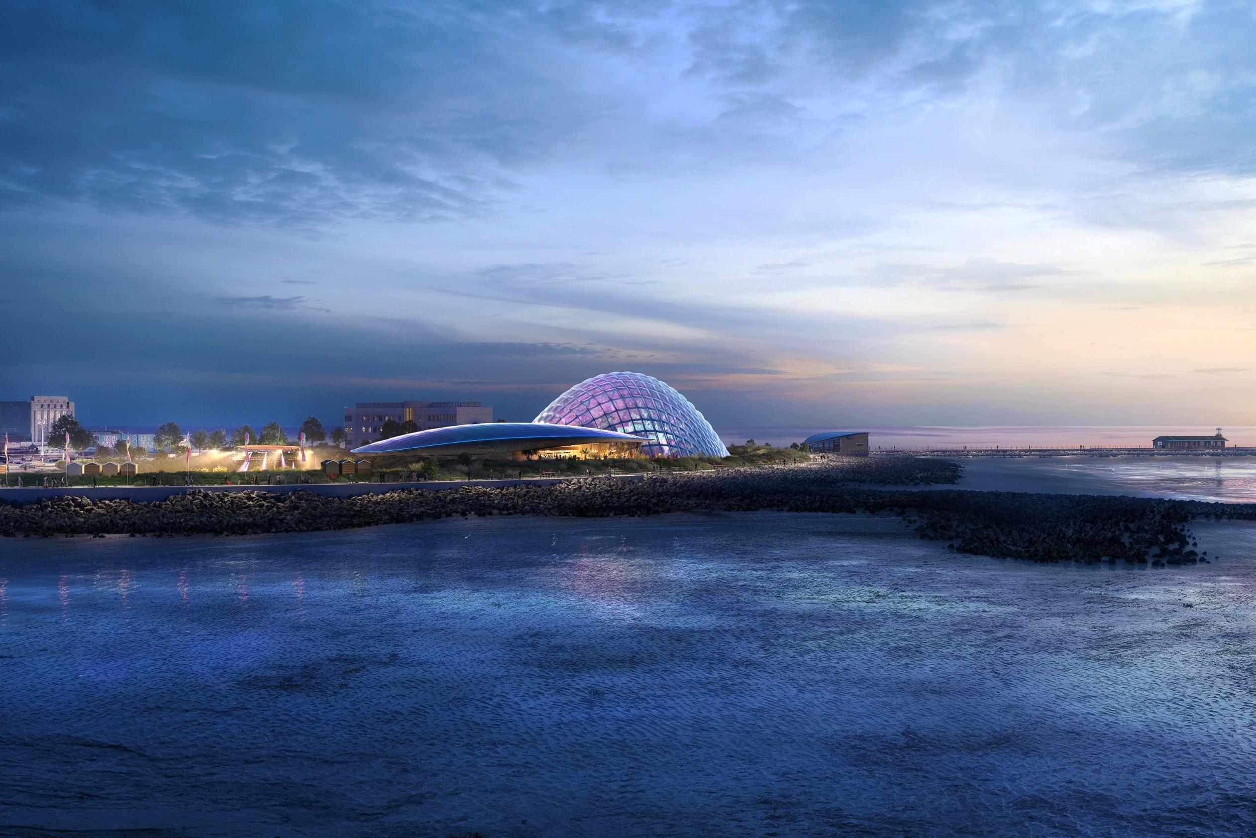 Eden Project Morecambe External Cgi Dusk Crop Grimshaw