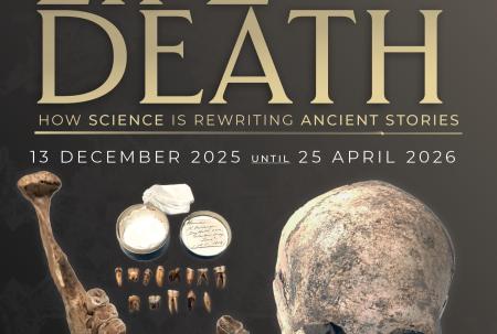 Graphic featuring exhibition title and photos of parts of a human skull.