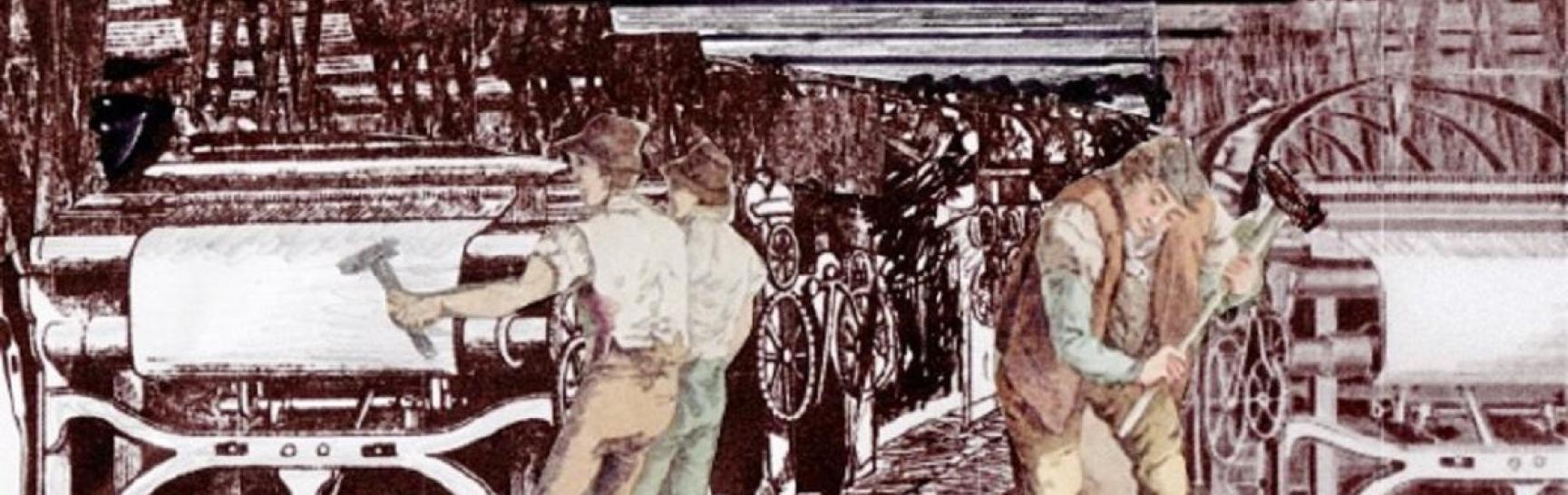 drawing of men breaking looms in a factory