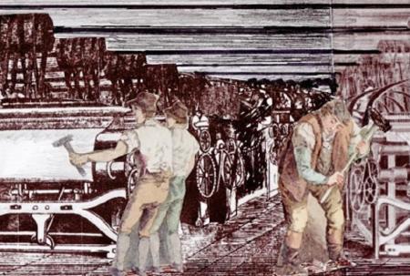 drawing of men breaking looms in a factory