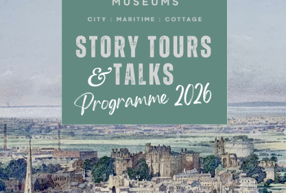 watercolour drawing of a view over lancaster with the Story Tours & Talks programme title superimposed.