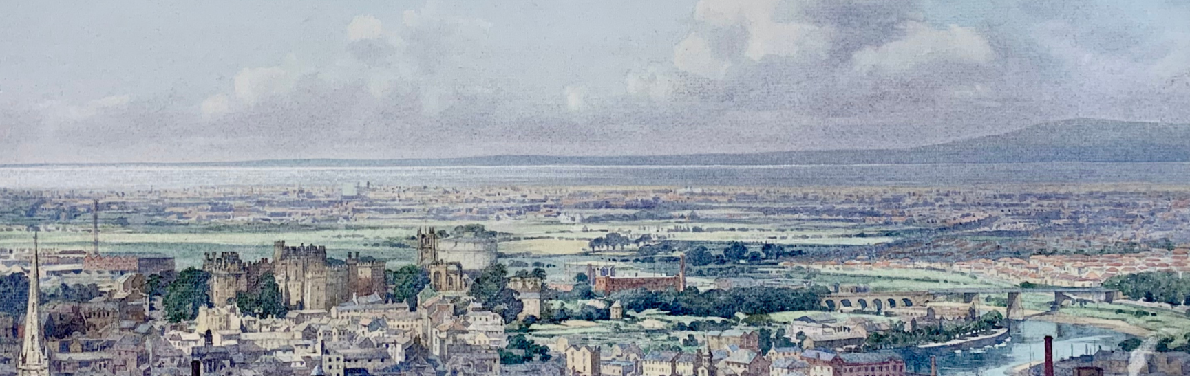 watercolour drawing of a view over lancaster