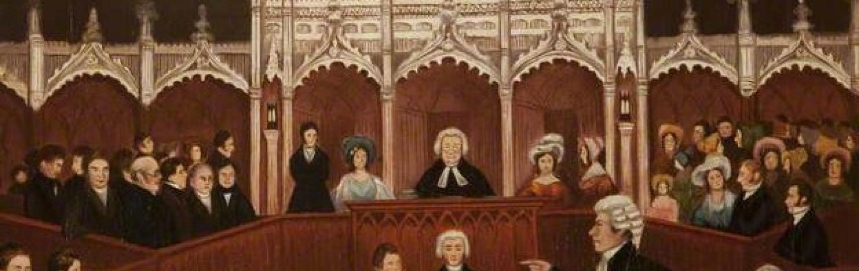 drawing of a Georgian era courtroom scene.