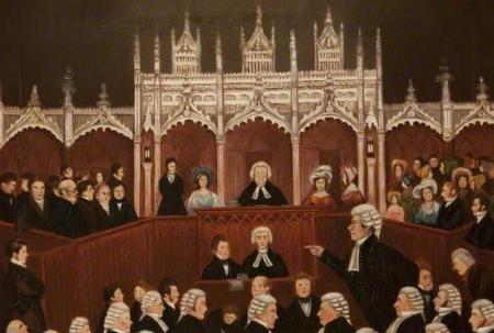drawing of a Georgian era courtroom scene.